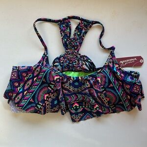 Arizona Jean Company Neon Green Lined Multicolor Tribal Swim Top